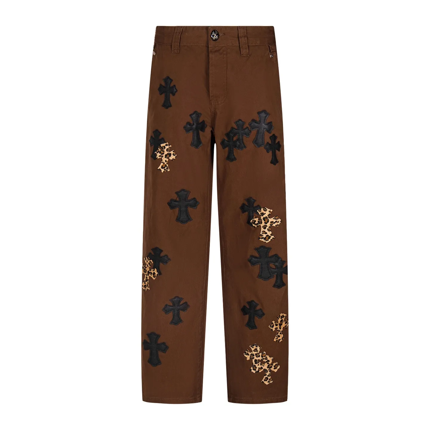 P260 Chrome Hearts | Chrome Hearts Brown Casual Cross Patched Leather Jeans - Full of exploring the ultimate in fashion, Chrome Hearts' new Chrome Hearts pants cleverly integrate camouflage cross, camouflage cross and other elements to break traditional boundaries. Mattyboy's clever fusion of overalls and khaki jeans, the same style, brings endless matching inspiration to fashionistas! Whether it is daily wear or a trendy try, these pants can bring you an excellent fashion experience. Style number: 1754# Color: casual brown Size: 28 30 32 34